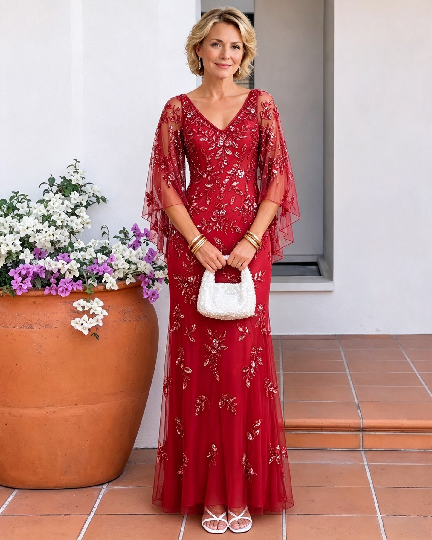 V-Neck Floral Sequin Mother of the Bride Dress with Cape Sleeves