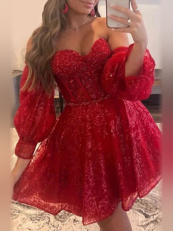 Red Corset Flower-Applique Floral Sweetheart A-Line Mini Homecoming Dress for Birthday Party color option