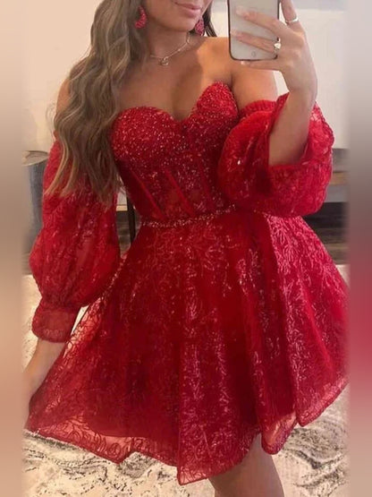 Red Corset Flower-Applique Floral Sweetheart A-Line Mini Homecoming Dress for Birthday Party color option