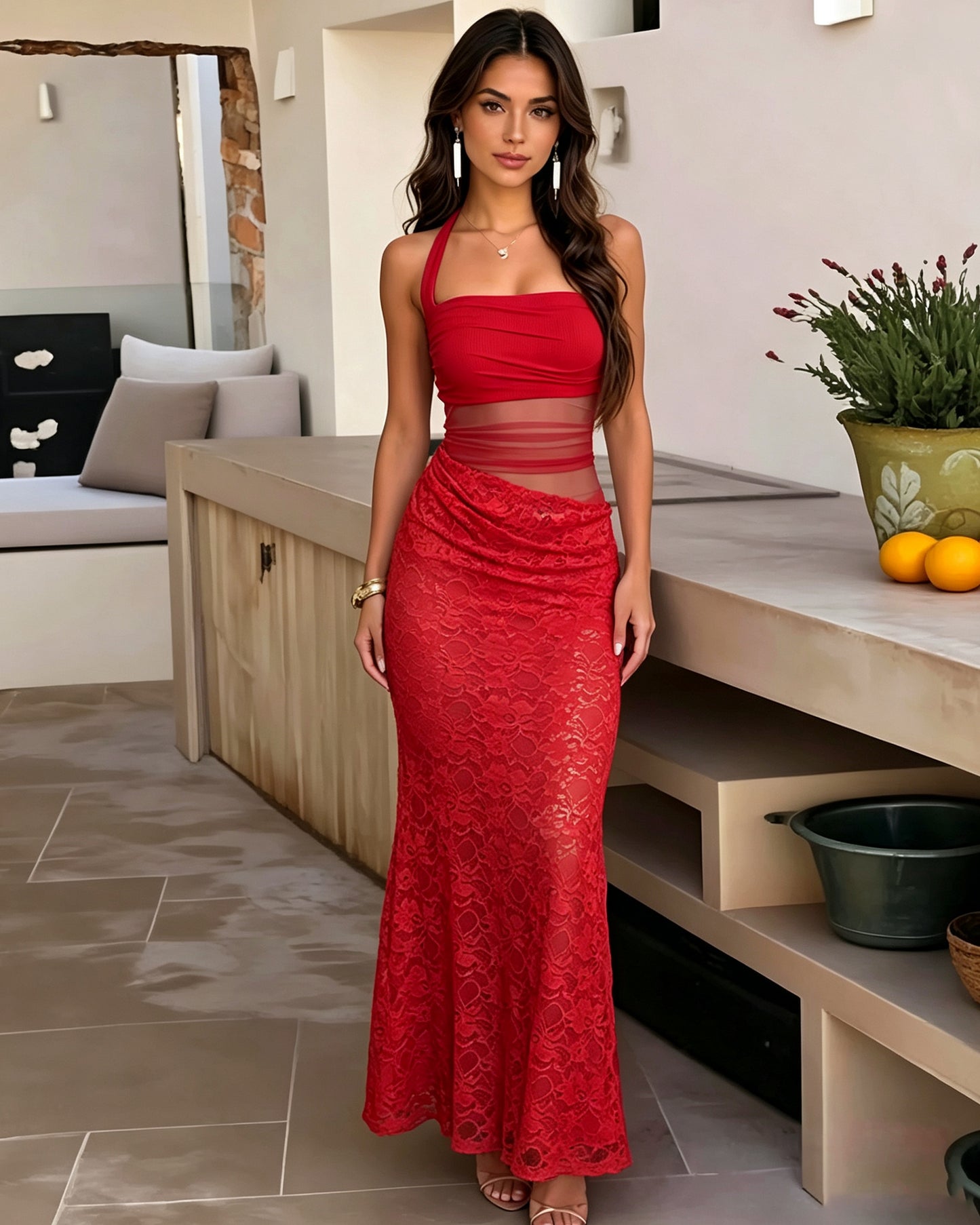 Square Neck Two Piece Lace Mermaid Formal Dress with Tie Straps