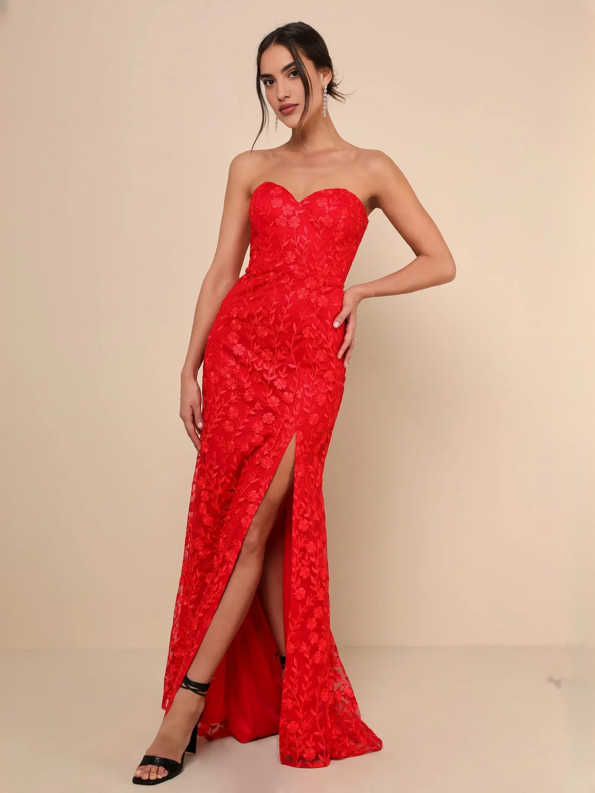 Embroidered Floral Slit Strapless Mermaid Maxi Prom Dress for Celebration Dinner