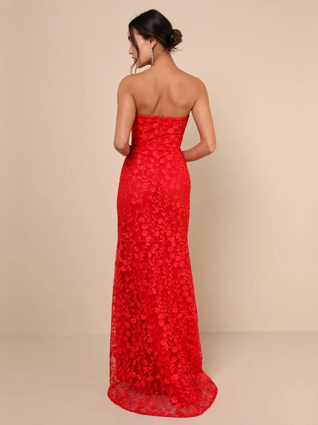 Red Floral Sweetheart Slit Mermaid Maxi Formal Dress