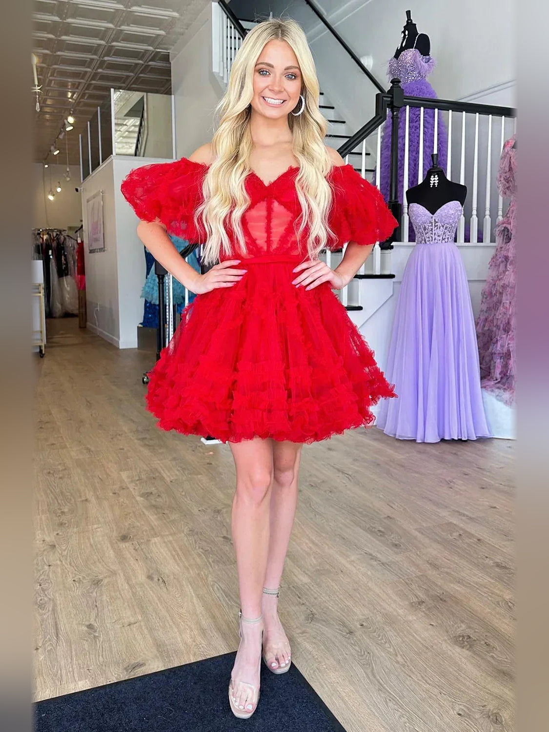 Corset Tiered Ruffled Off Shoulder A-Line Mini Tulle Homecoming Dress for Wedding Reception