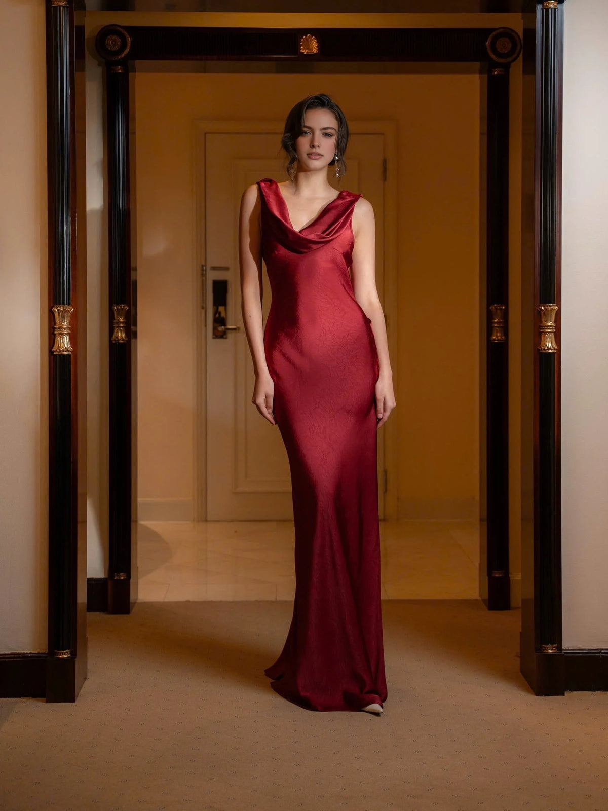 Red Draped Cowl Neck Sheath Maxi Satin Prom Dress for Hotel Gala