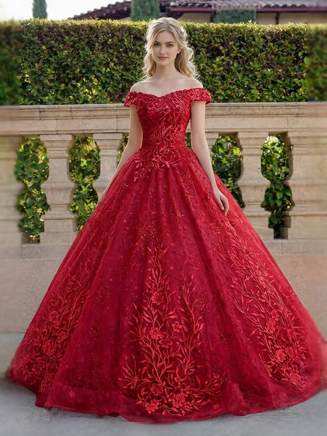 Corset Layered Floral Off Shoulder Ball-Gown Floor-Length Tulle Prom Dress for Gala