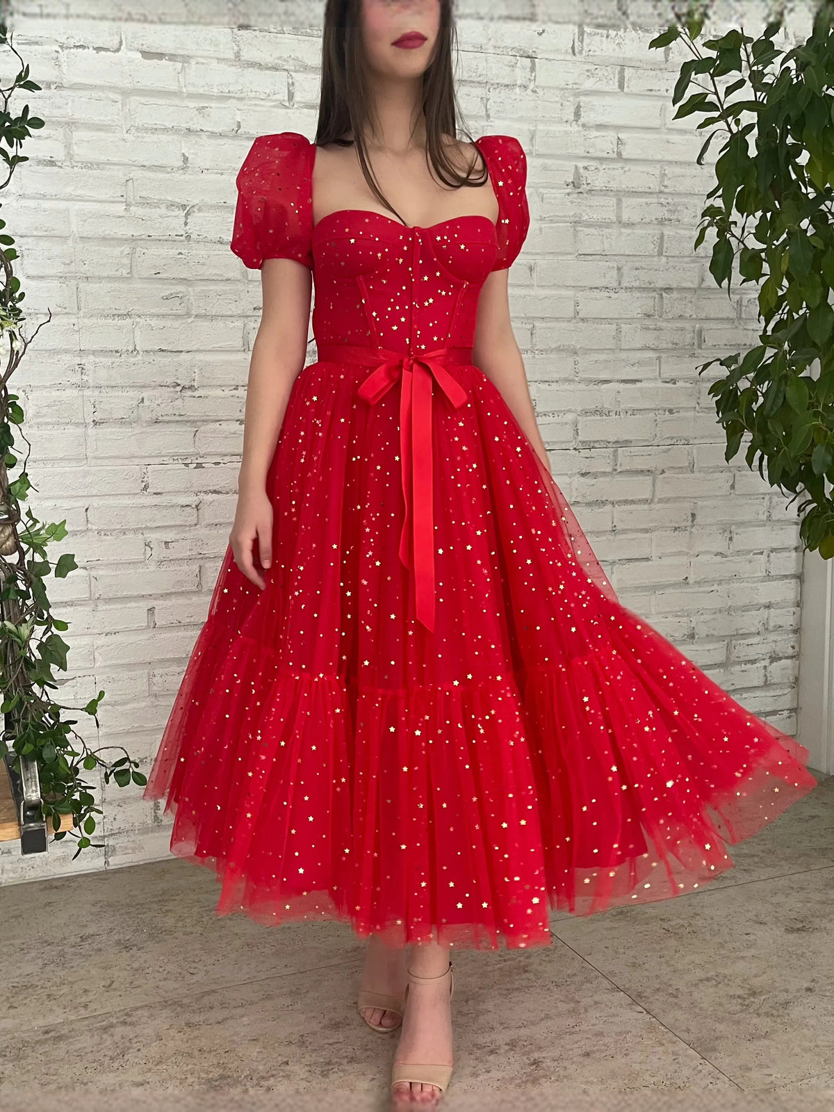 Red Corset Sweetheart A-Line Midi Tulle Prom Dress for Pageant