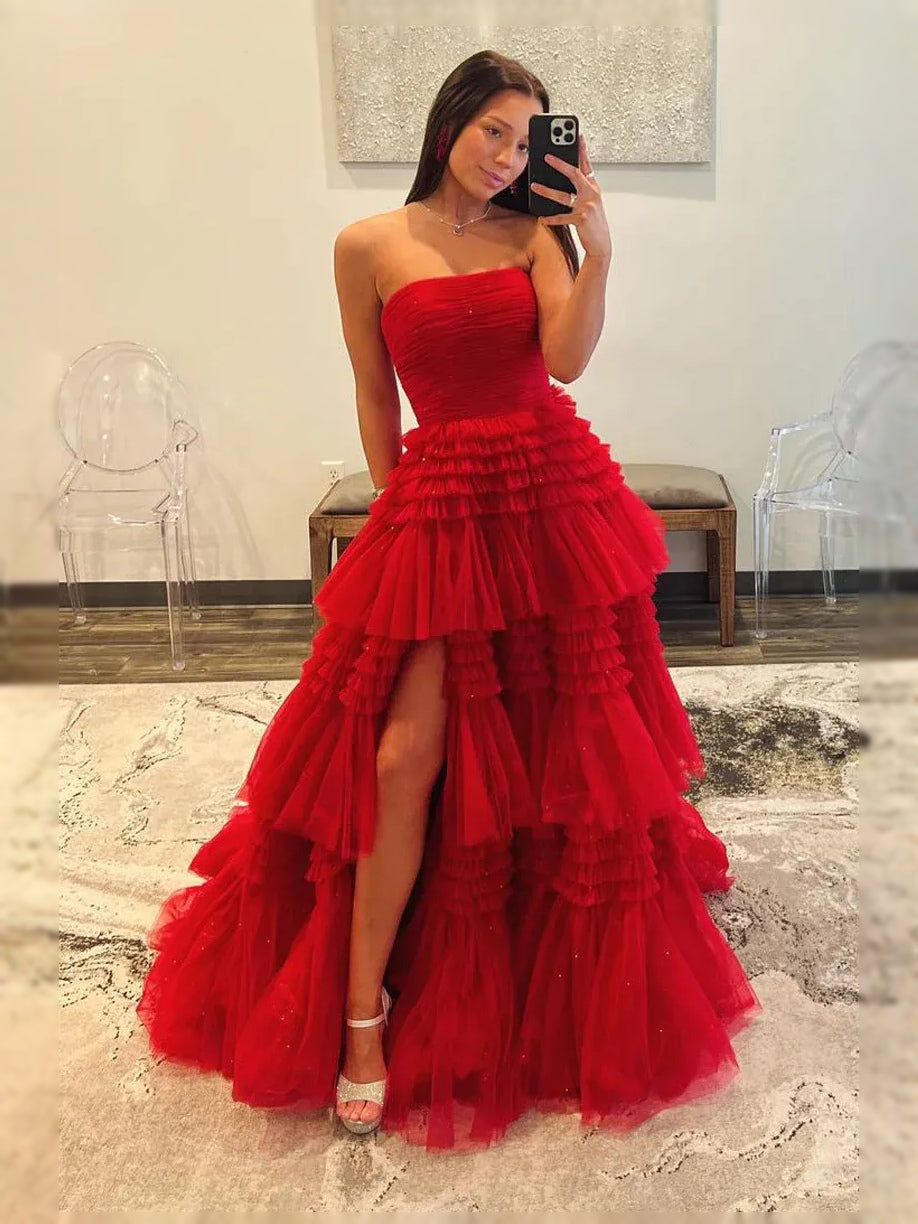 Red Ruched Pleated Ruffled Slit Strapless Ball-Gown Maxi Tulle Prom Dress for Senior Prom