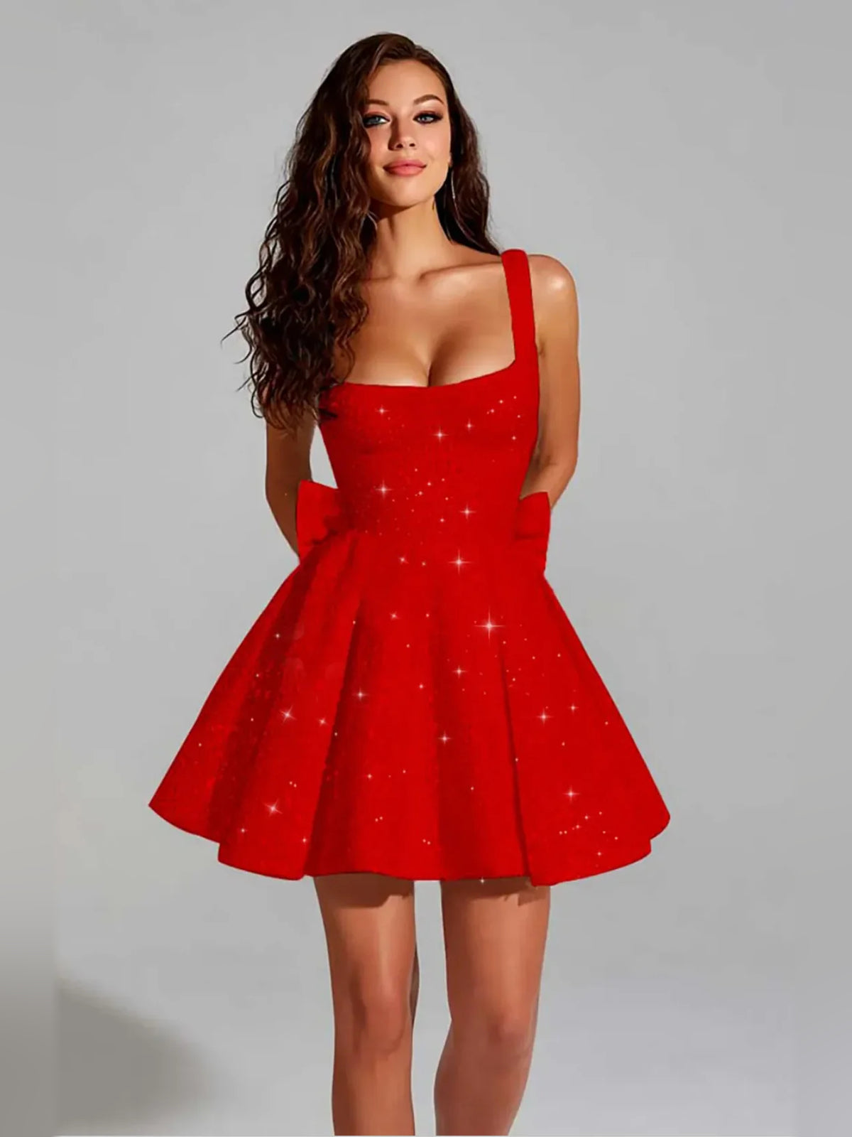 Bow Sequin Square Neck A-Line Mini Homecoming Dress for Graduation Party