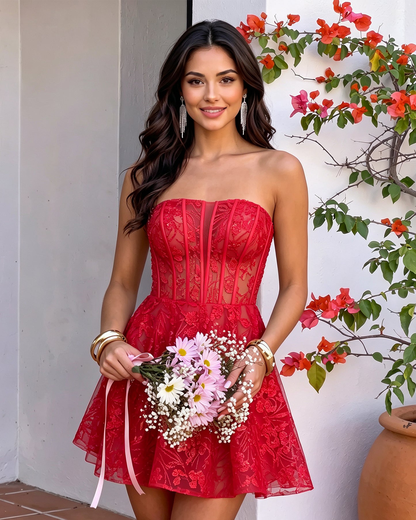 Strapless Floral Lace Corset A-Line Mini Homecoming Dress