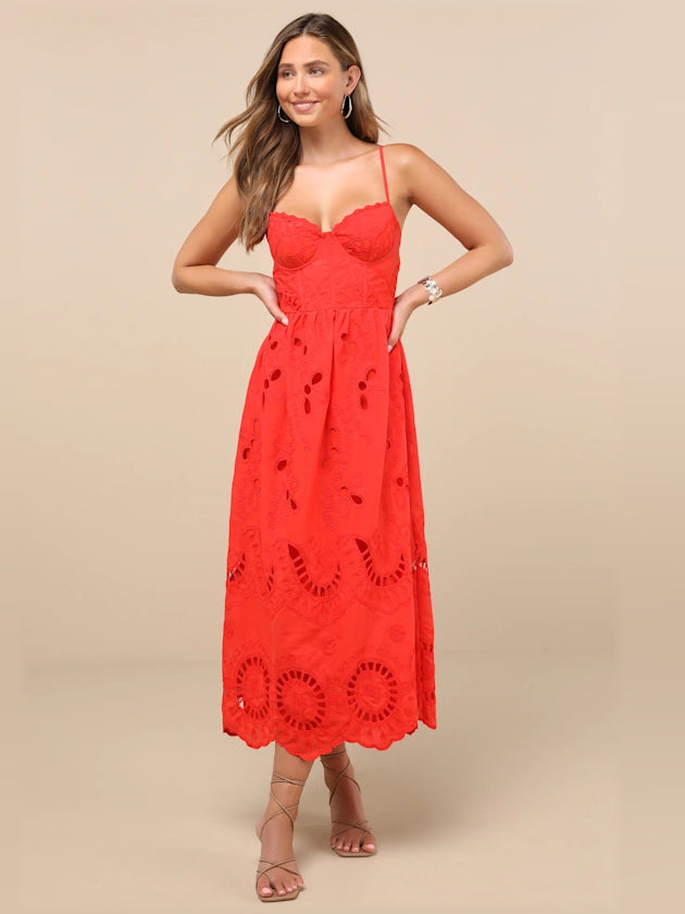Jenora Bright Embroidered Bustier Midi Formal Dress