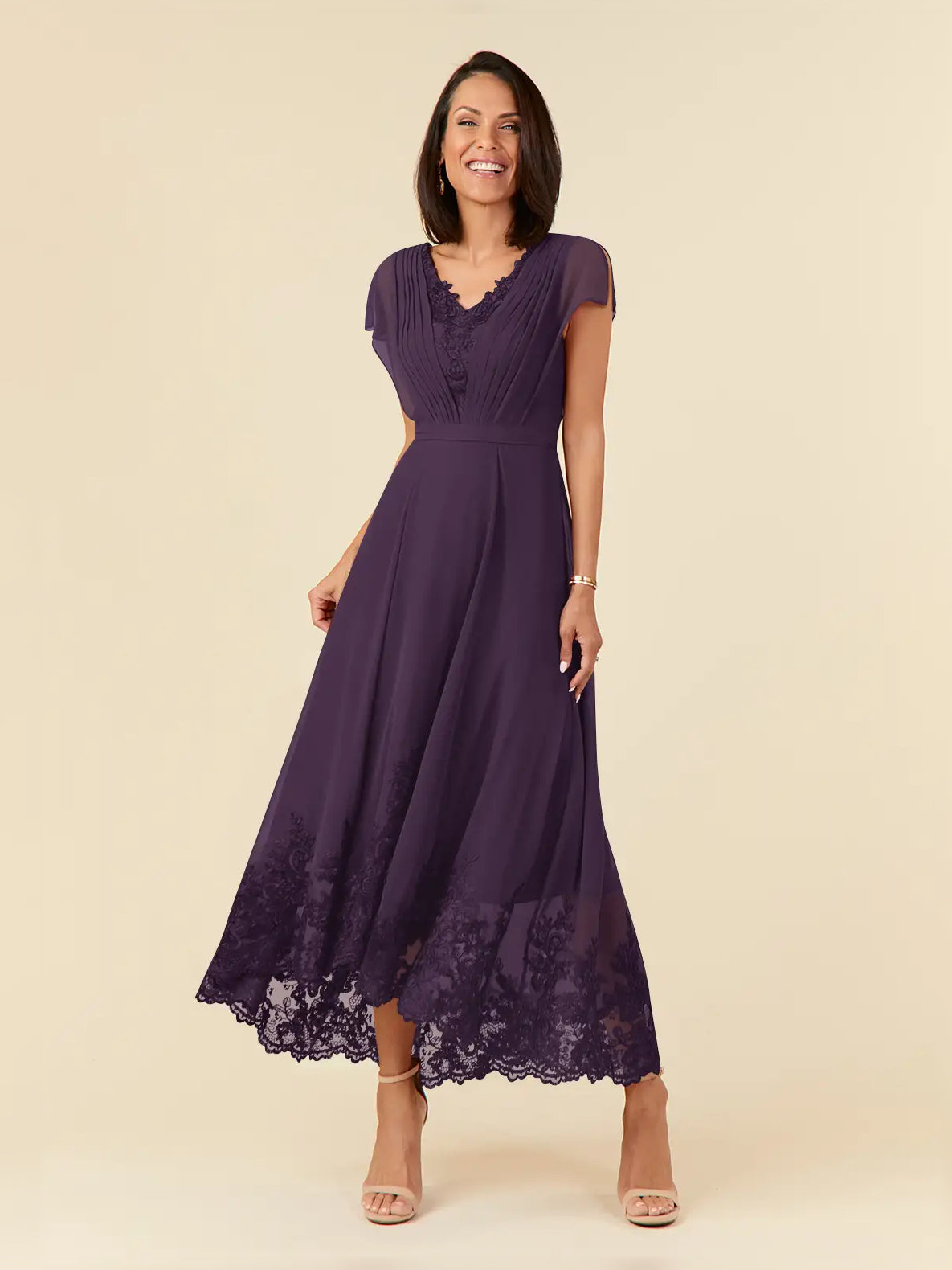 Pleated V Neck A-Line Midi Chiffon Mother of the Bride Dress for Wedding Celebration
