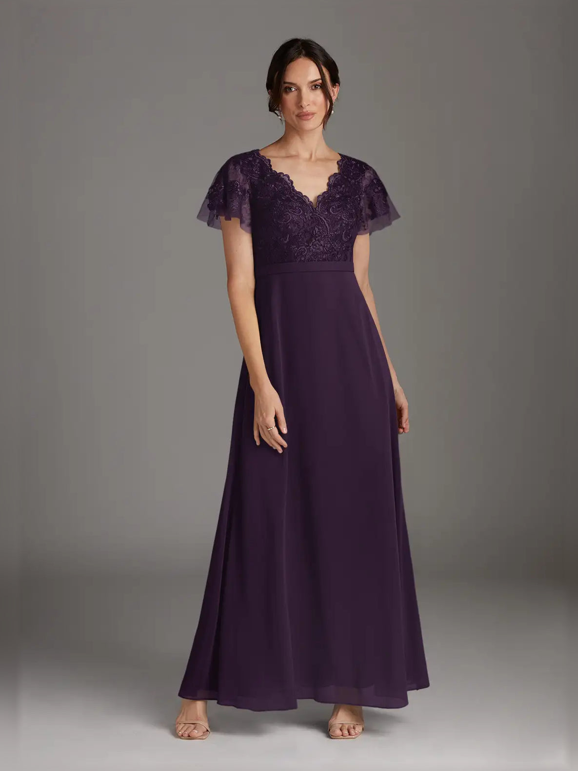 V Neck A-Line Floor-Length Chiffon Mother of the Bride Dress for Wedding Weekend