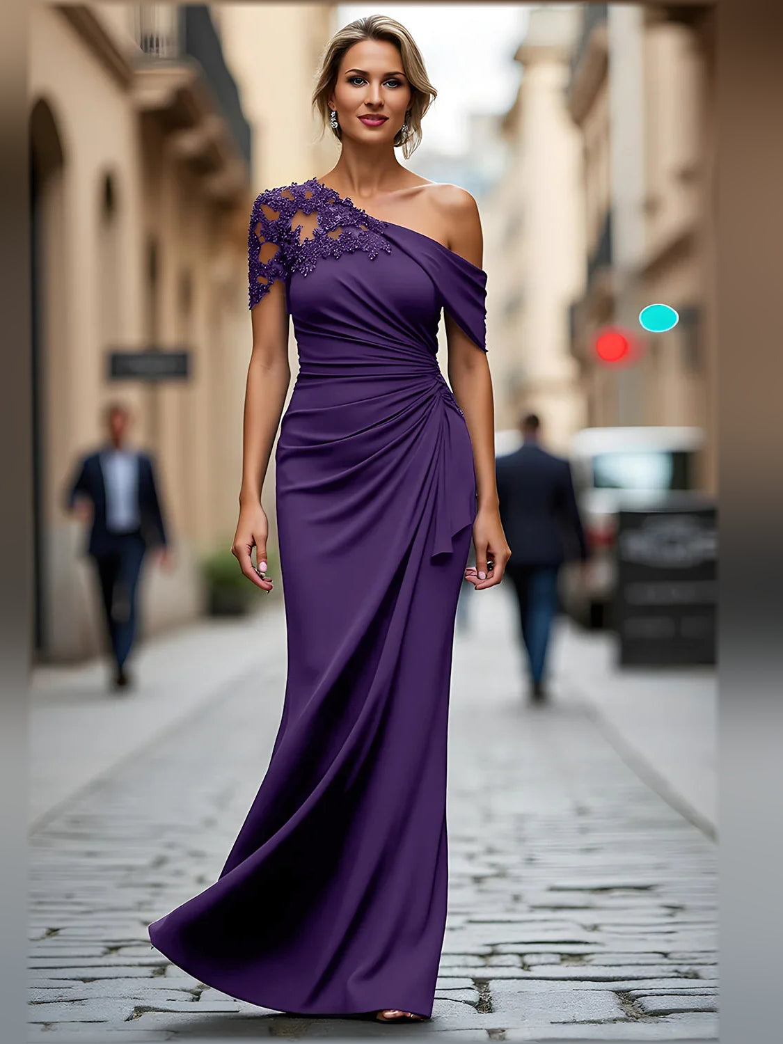 One-Shoulder Ruching Beading Floor-Length Formal Dress
