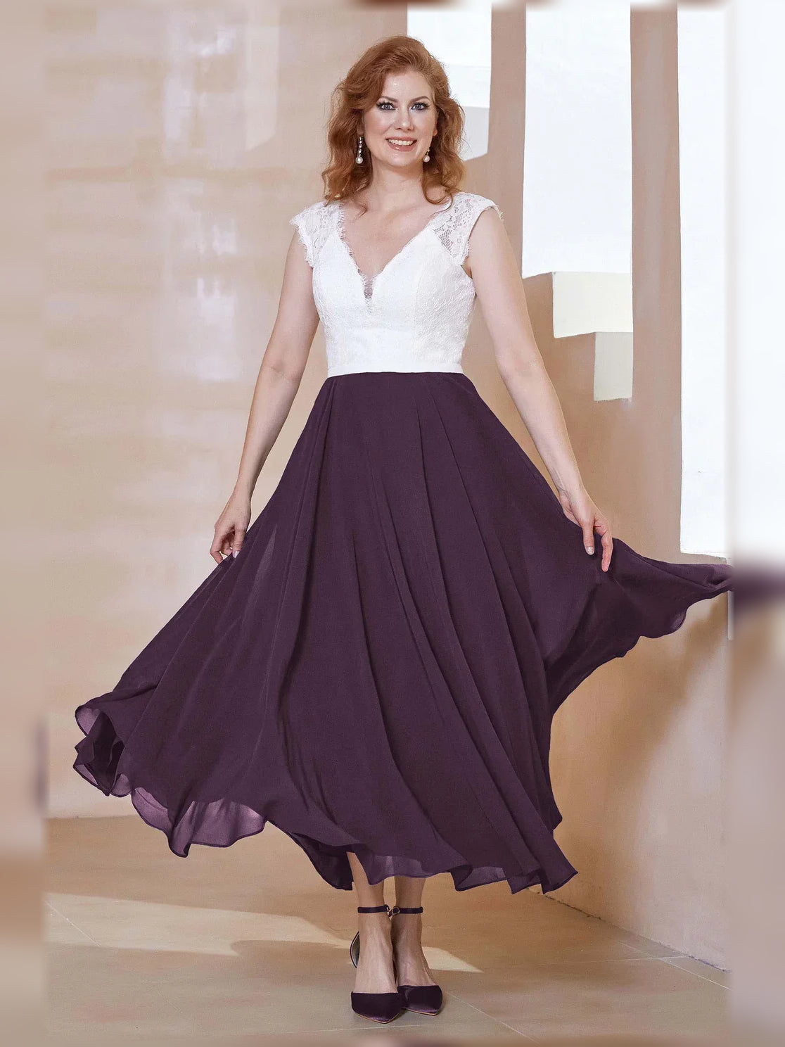 V Neck A-Line Midi Chiffon Mother of the Bride Dress for Ceremony Dinner