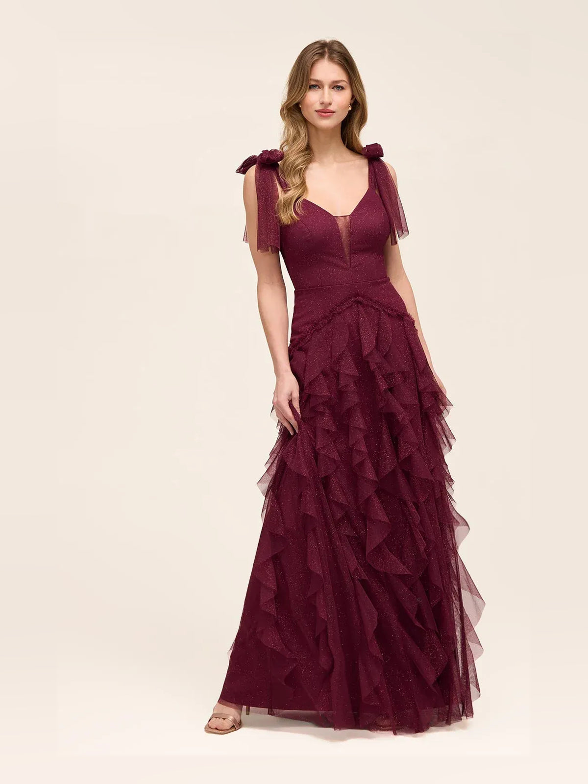 Cabernet Tiered Ruffled Backless V Neck A-Line Maxi Tulle Prom Dress for Evening Event