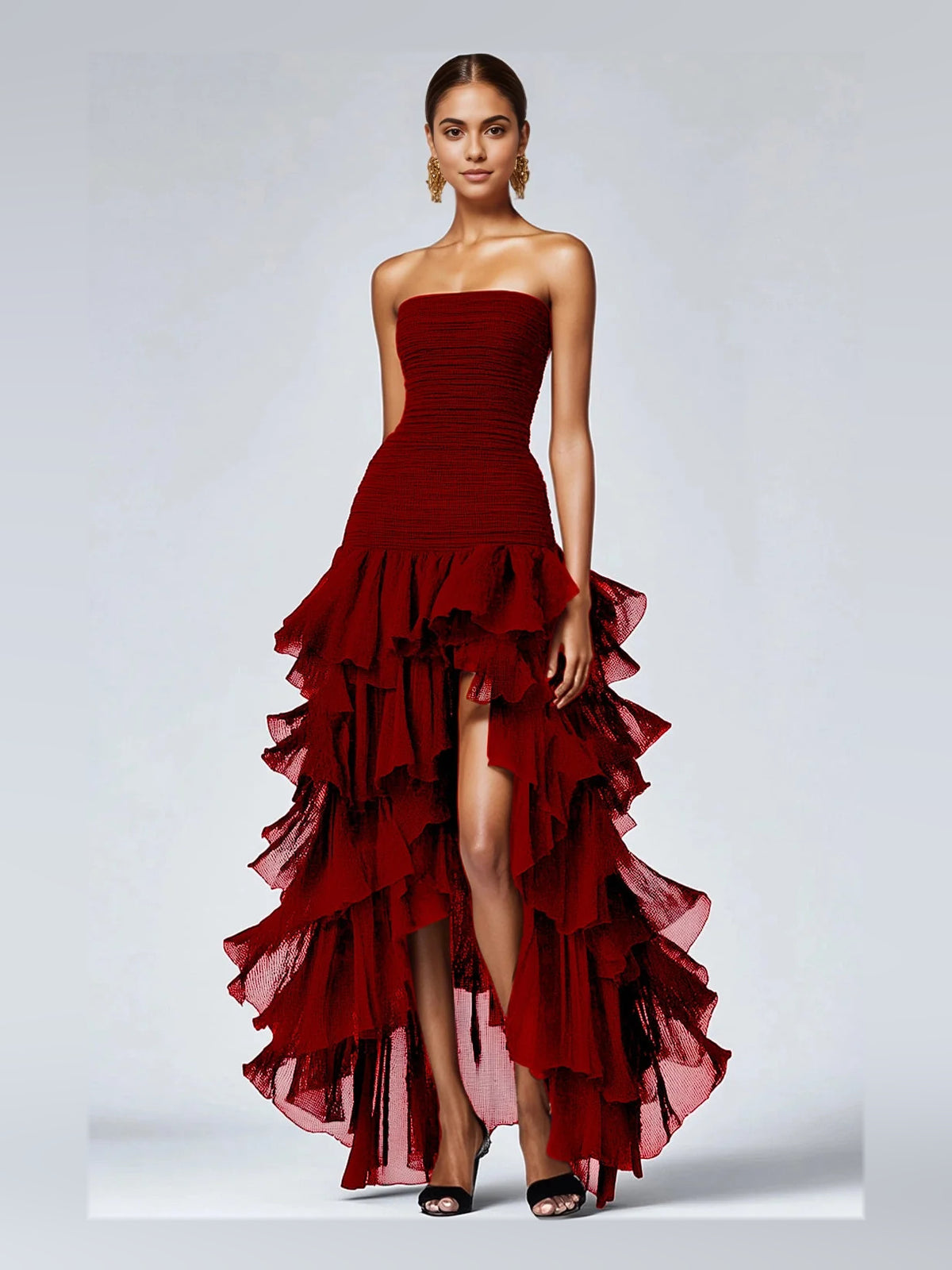 Draped Tiered Ruffled Slit Strapless A-Line High-Low Prom Dress for Evening Ceremony