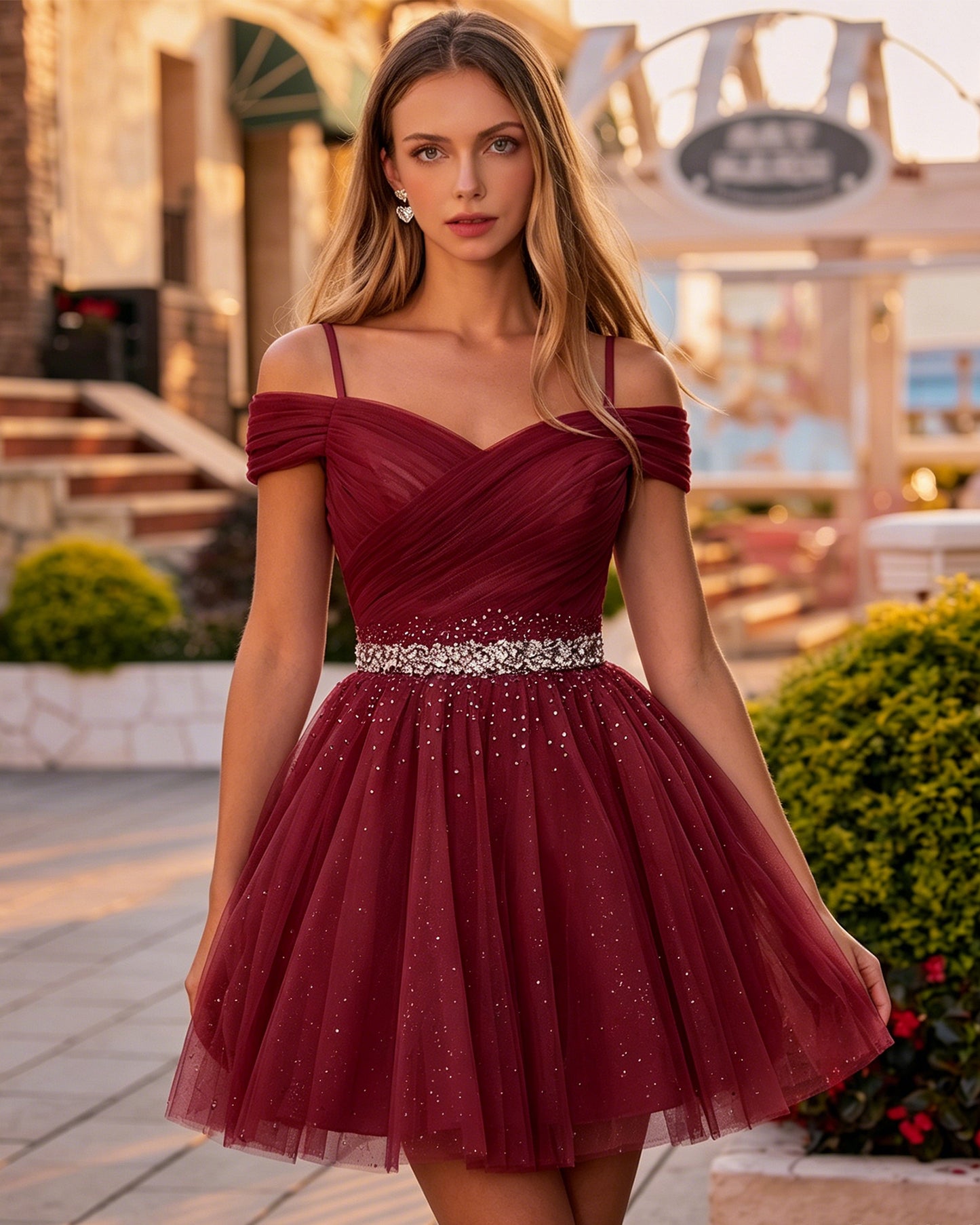 Off-Shoulder V-Neck Tulle Short Homecoming Dress with Beaded Waist