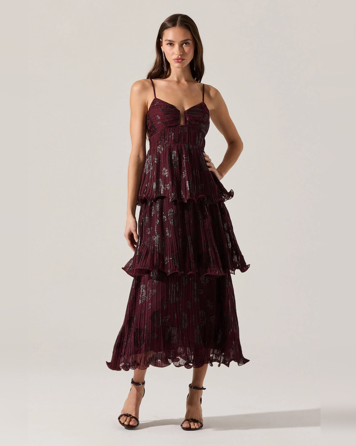 Pleated Floral Print Spaghetti Strap A-Line Maxi Formal Dress for Benefit Dinner