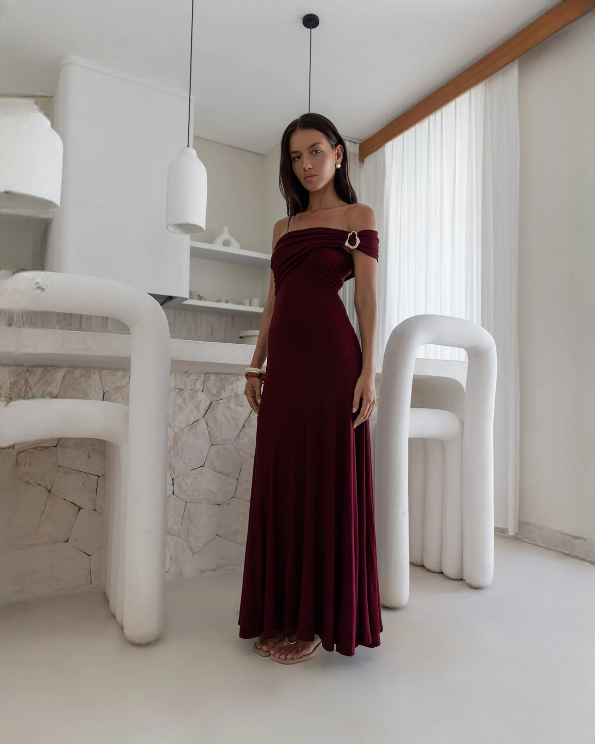Graceful Destination Wedding Celebration Off-Shoulder Mesh A-Line Maxi Bridesmaid Dress
