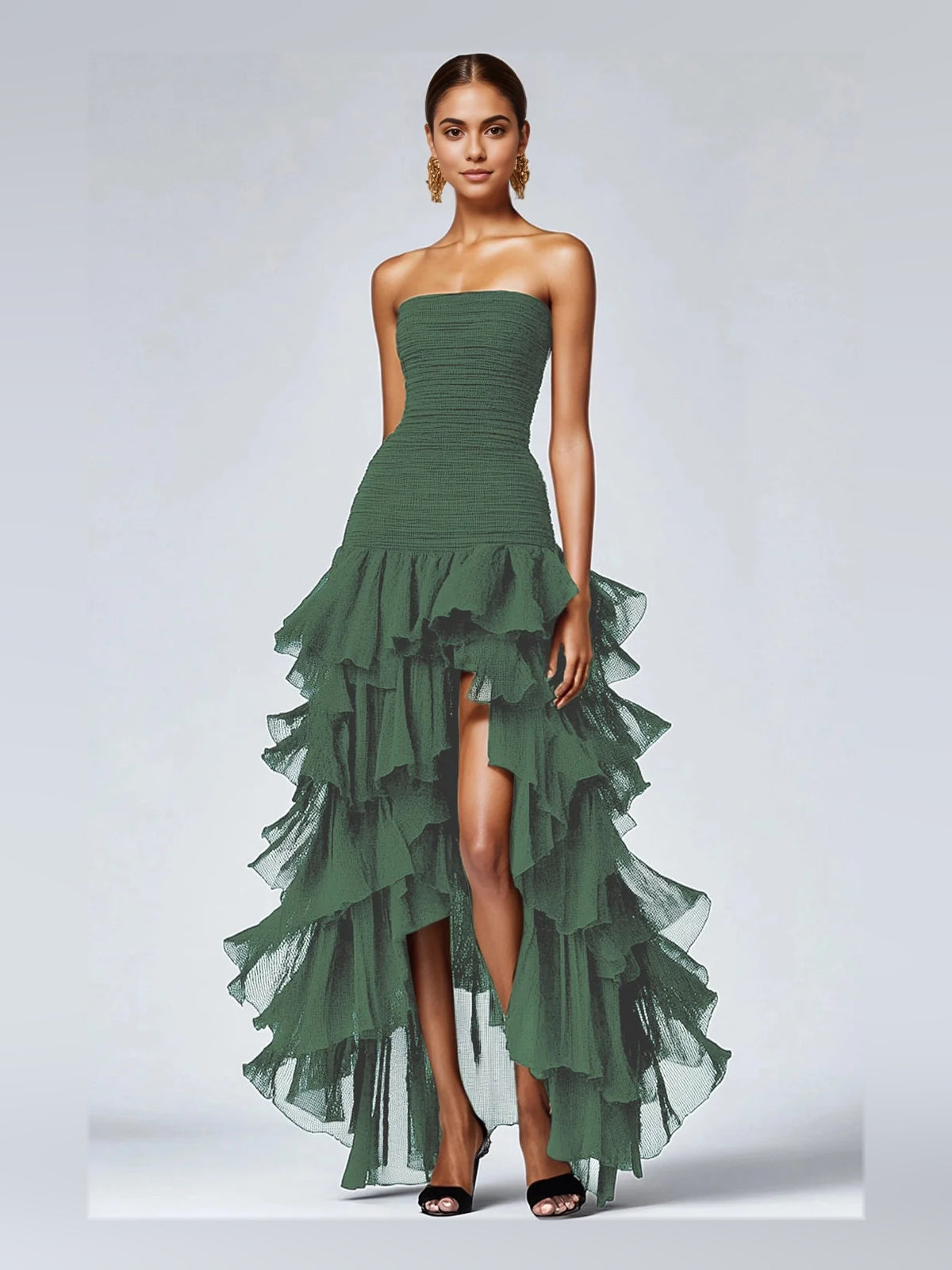Draped Tiered Ruffled Slit Strapless A-Line High-Low Prom Dress for Evening Ceremony