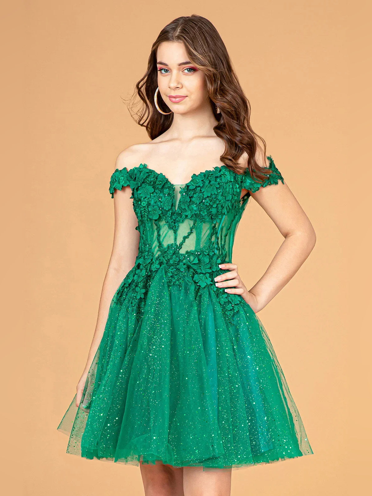 Corset Flower-Applique Floral Off Shoulder A-Line Mini Tulle Homecoming Dress for Dinner Dance