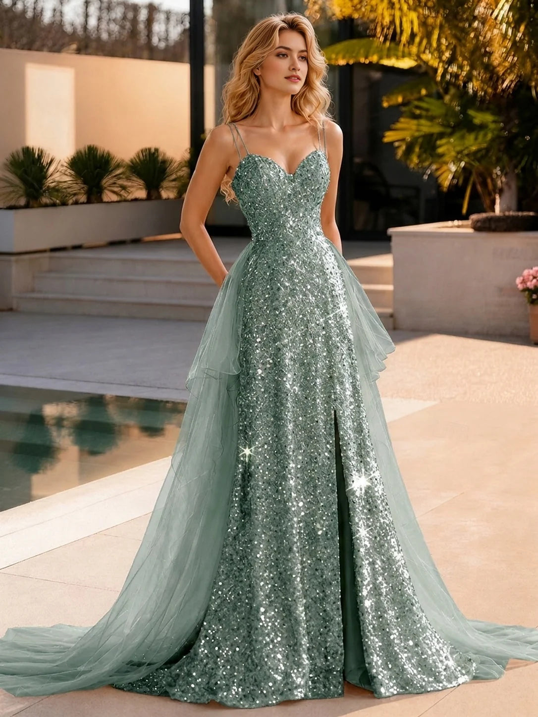 Corset Back-Slit Slit Sweetheart Mermaid Floor-Length Tulle Prom Dress for Hotel Gala