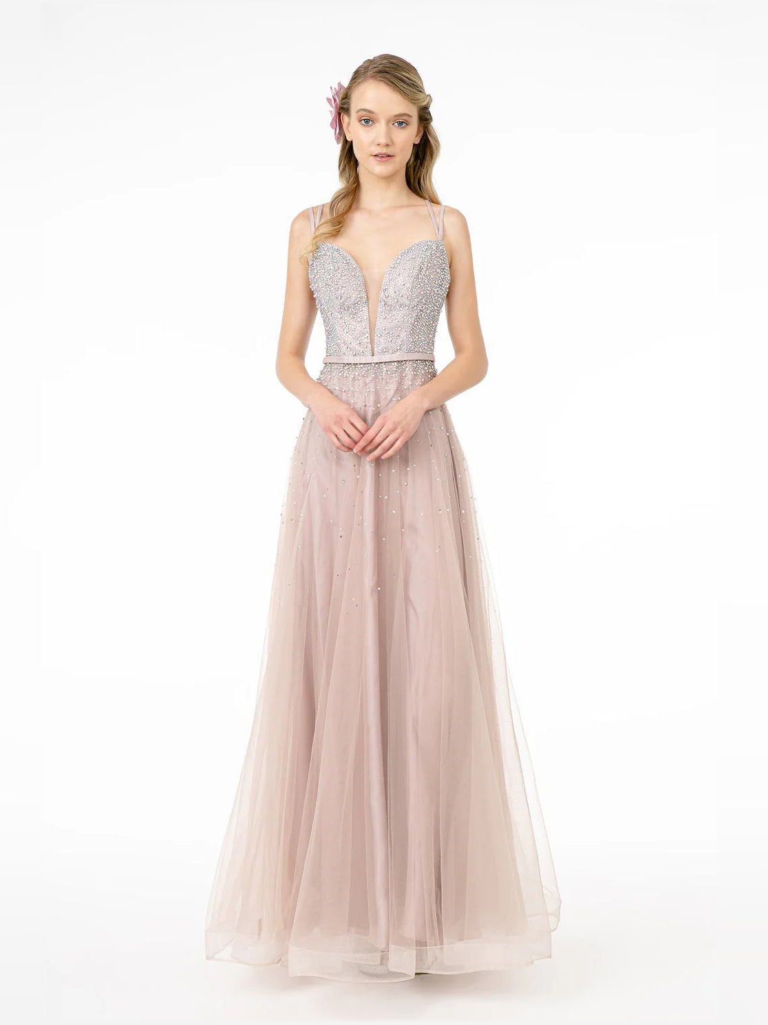 Beaded V Neck A-Line Floor-Length Satin Prom Dress for Formal Party