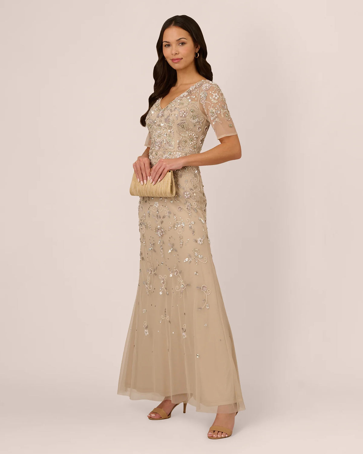Floral Print Short-Sleeve Mermaid Maxi Mother of the Bride Dress for Evening Wedding