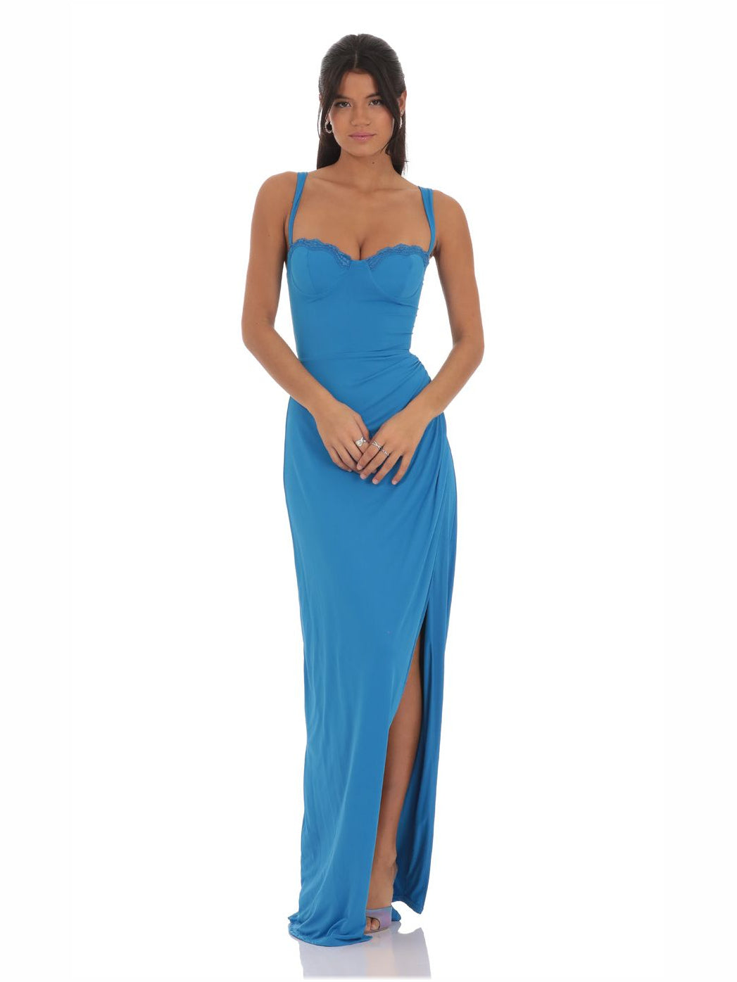 Bright Blue Sweetheart Spaghetti Strap Slit Maxi Formal Dress
