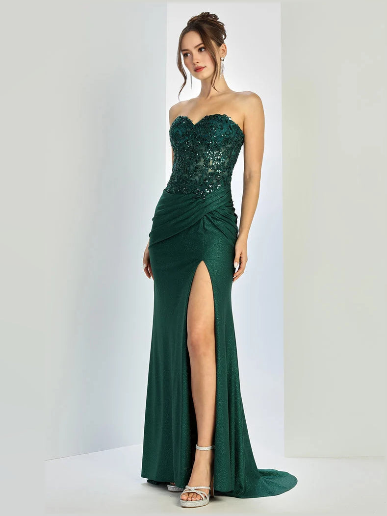 Pleated Embroidered Slit Strapless Mermaid Floor-Length Prom Dress for Evening Ceremony