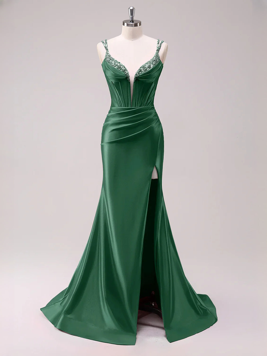 Ruched Corset Slit Plunging Neckline Mermaid Floor-Length Stretch Satin Prom Dress for Awards Dinner