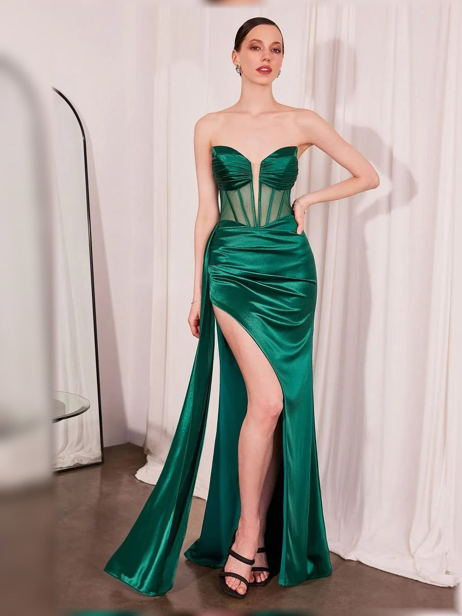 Strapless Corset Slit Floor-Length Sultry Formal Dress
