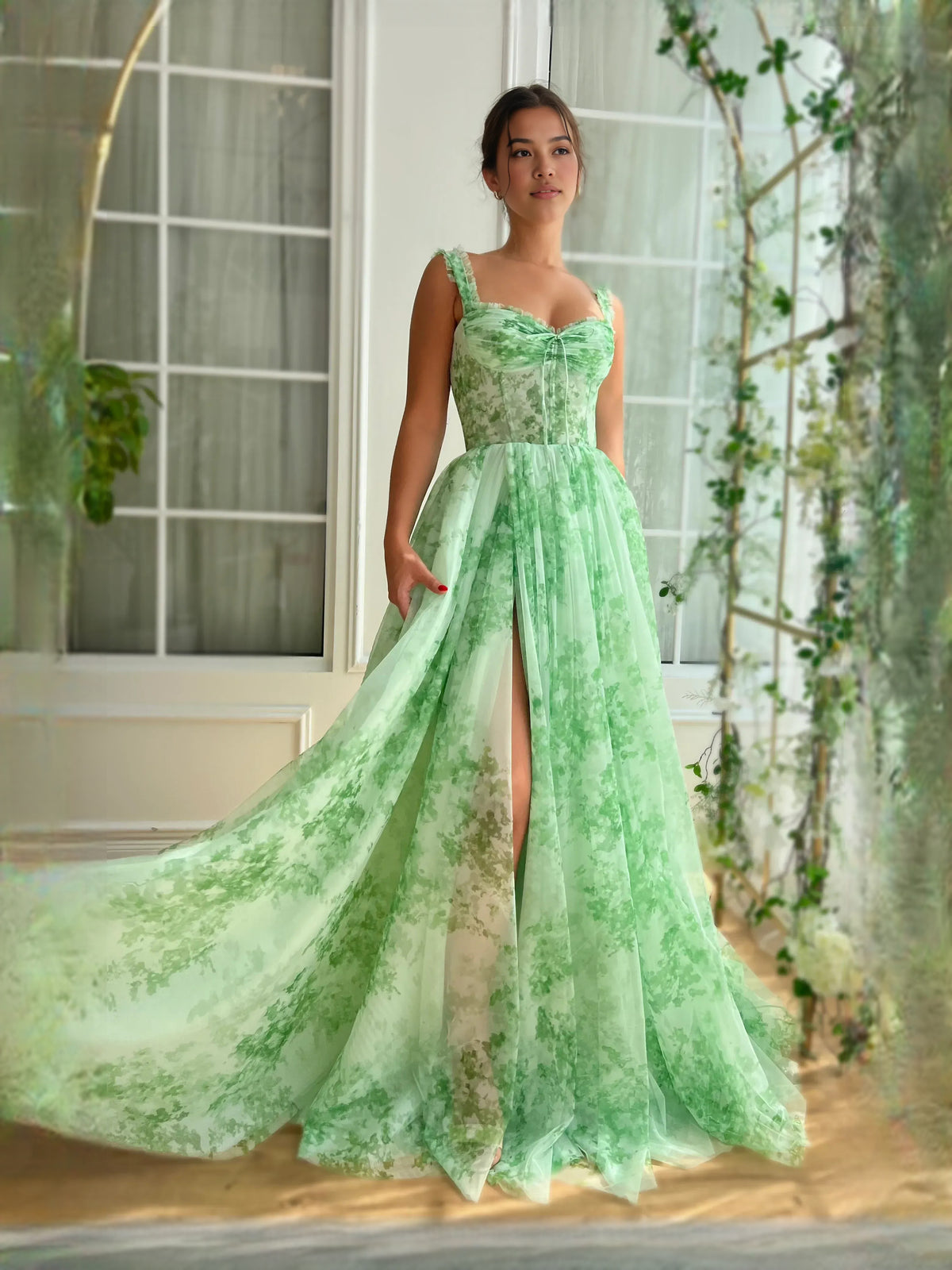 As Picture Ruched Corset Floral Ruffled Slit Sweetheart A-Line Floor-Length Tulle Prom Dress for Awards Dinner