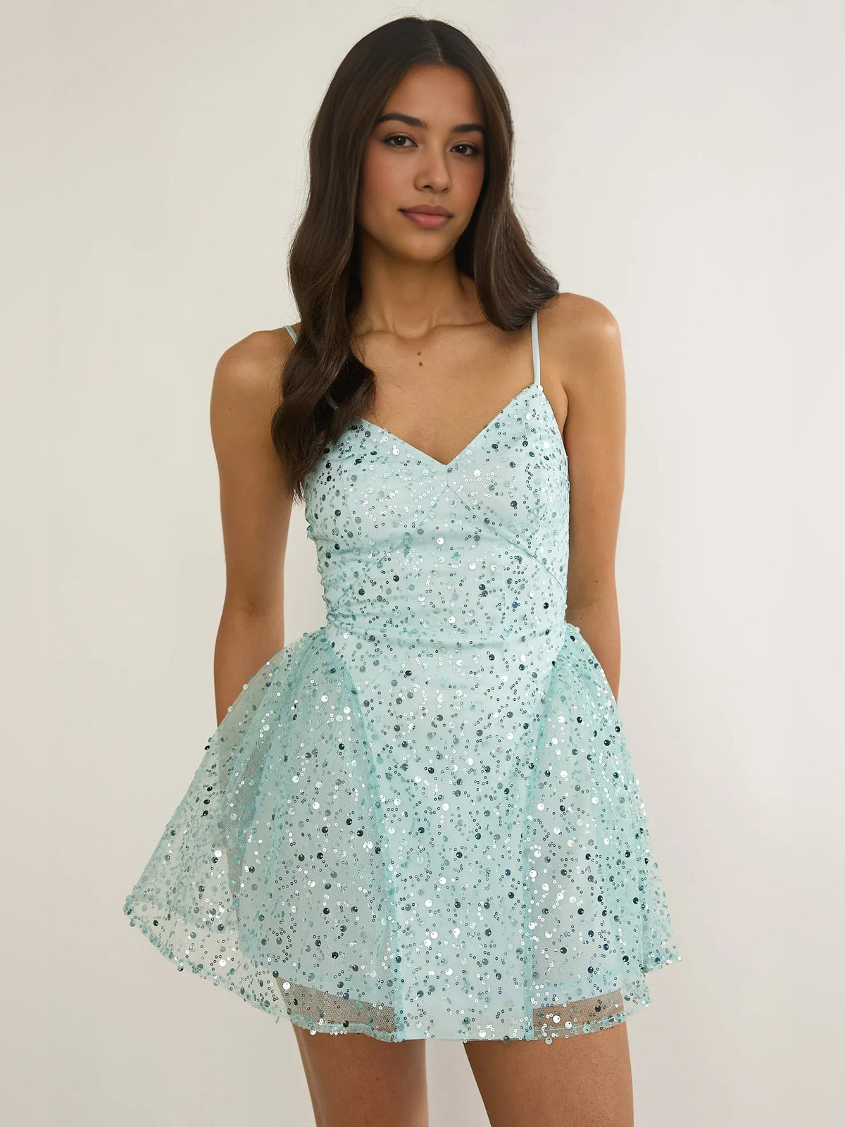 Sequin V Neck A-Line Mini Tulle Homecoming Dress for Destination Wedding