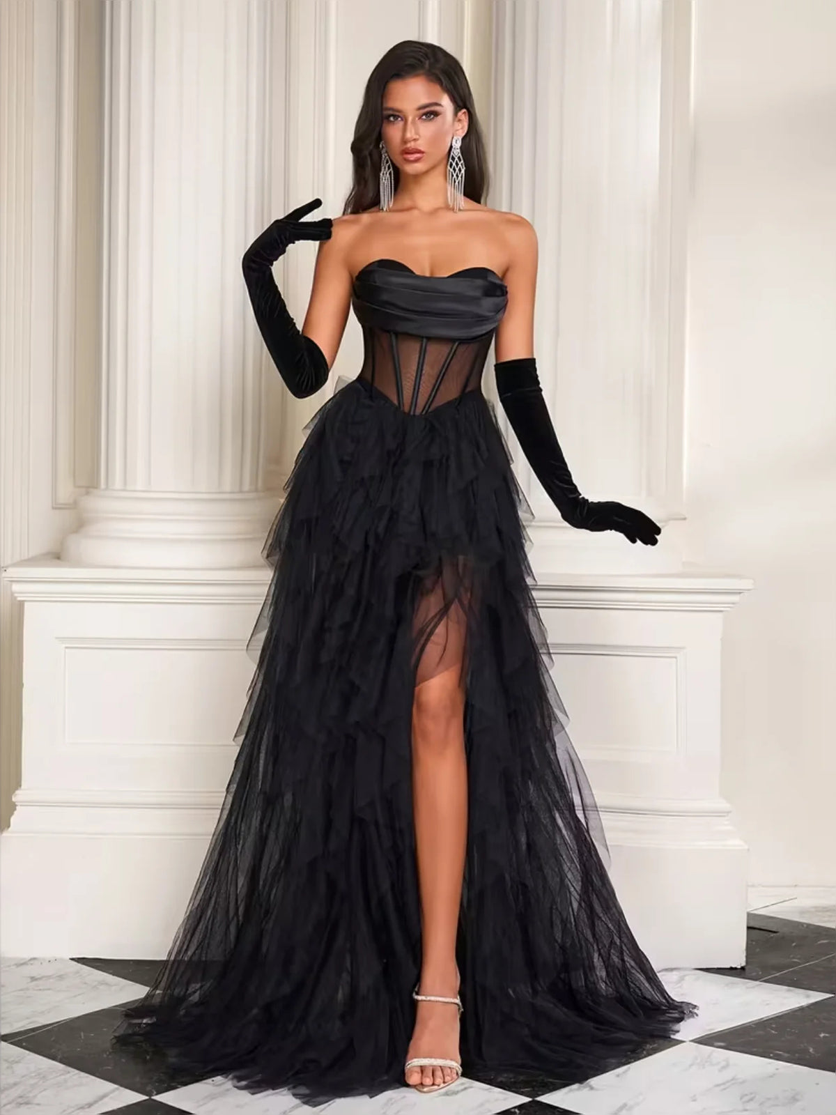 Corset Tiered Slit Strapless A-Line Floor-Length Tulle Prom Dress for Evening Ceremony