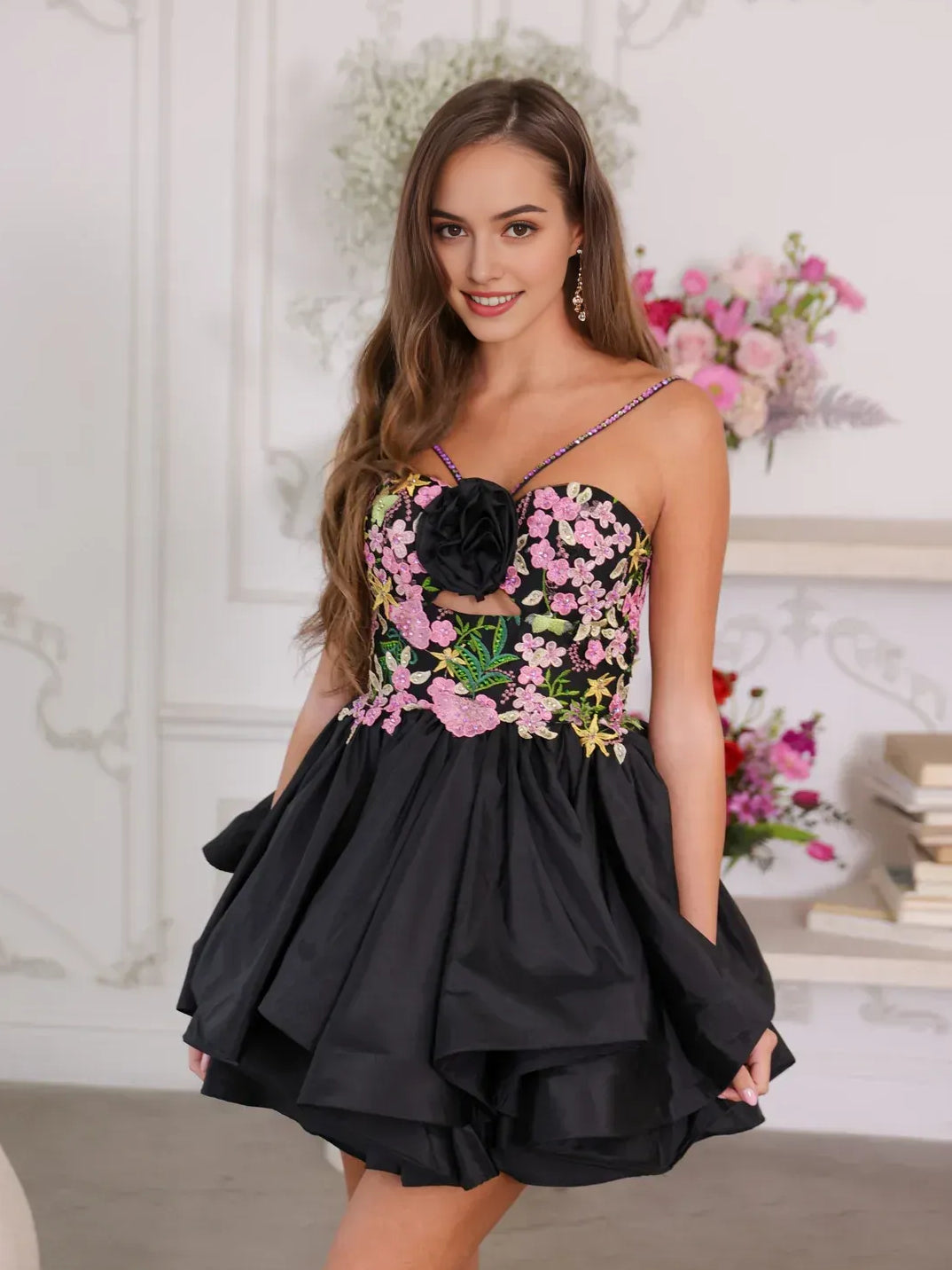 Cut-Out Tiered Floral Ruffled Sweetheart A-Line Mini Satin Homecoming Dress for Celebration Night