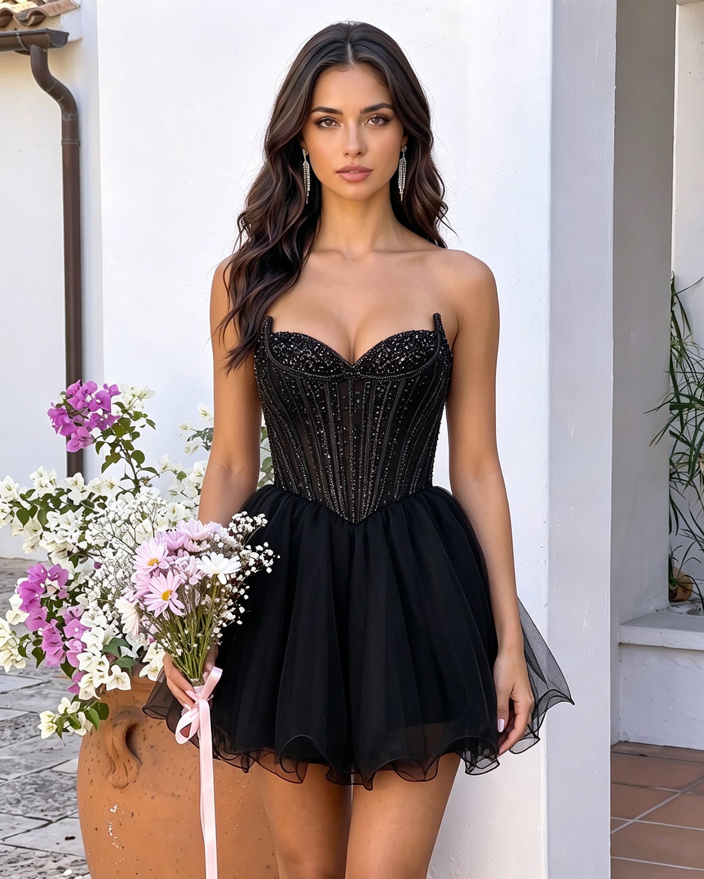 Strapless Sweetheart Beaded Corset Tulle A-Line Mini Homecoming Dress