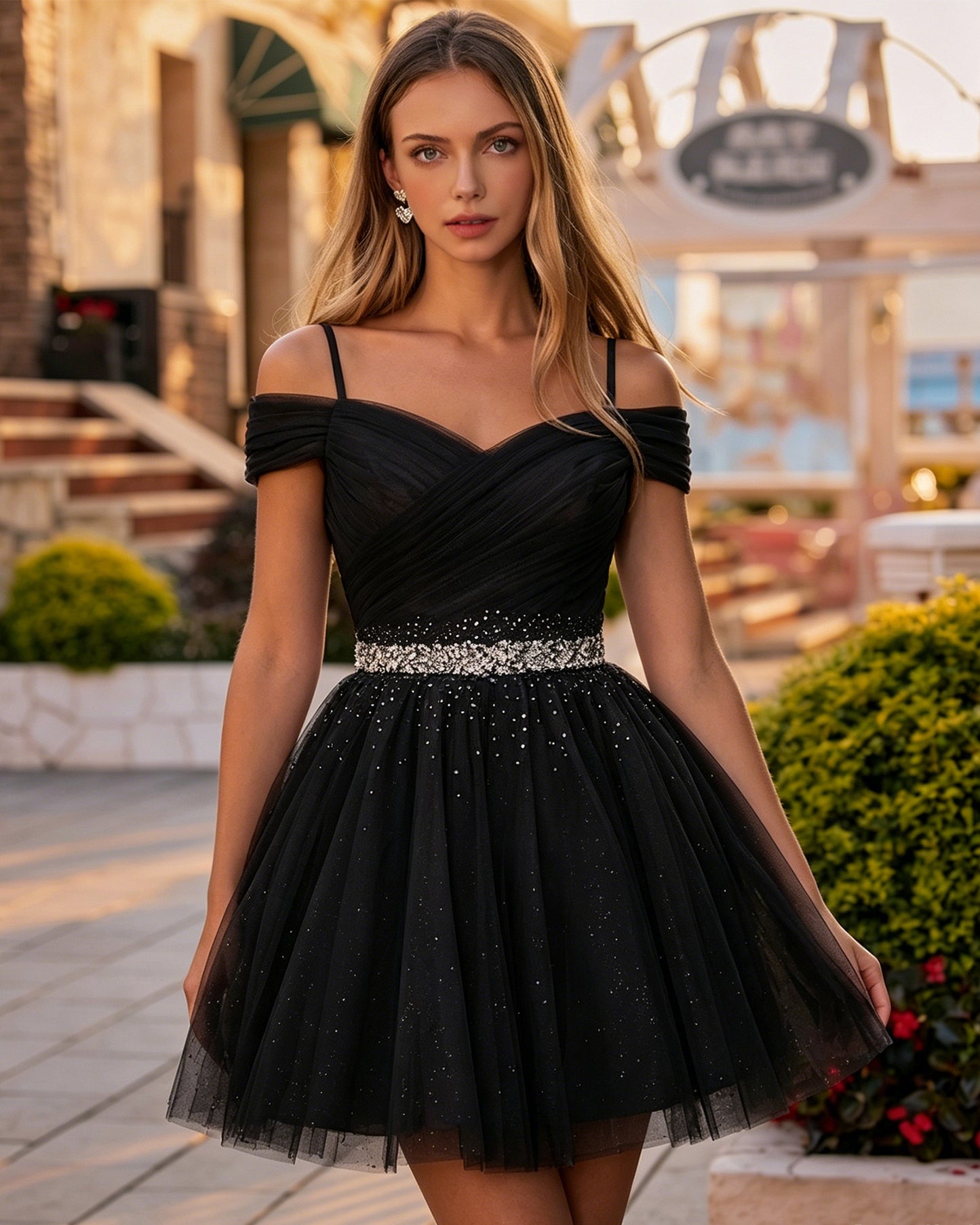 Off-Shoulder V-Neck Tulle Short Homecoming Dress with Beaded Waist