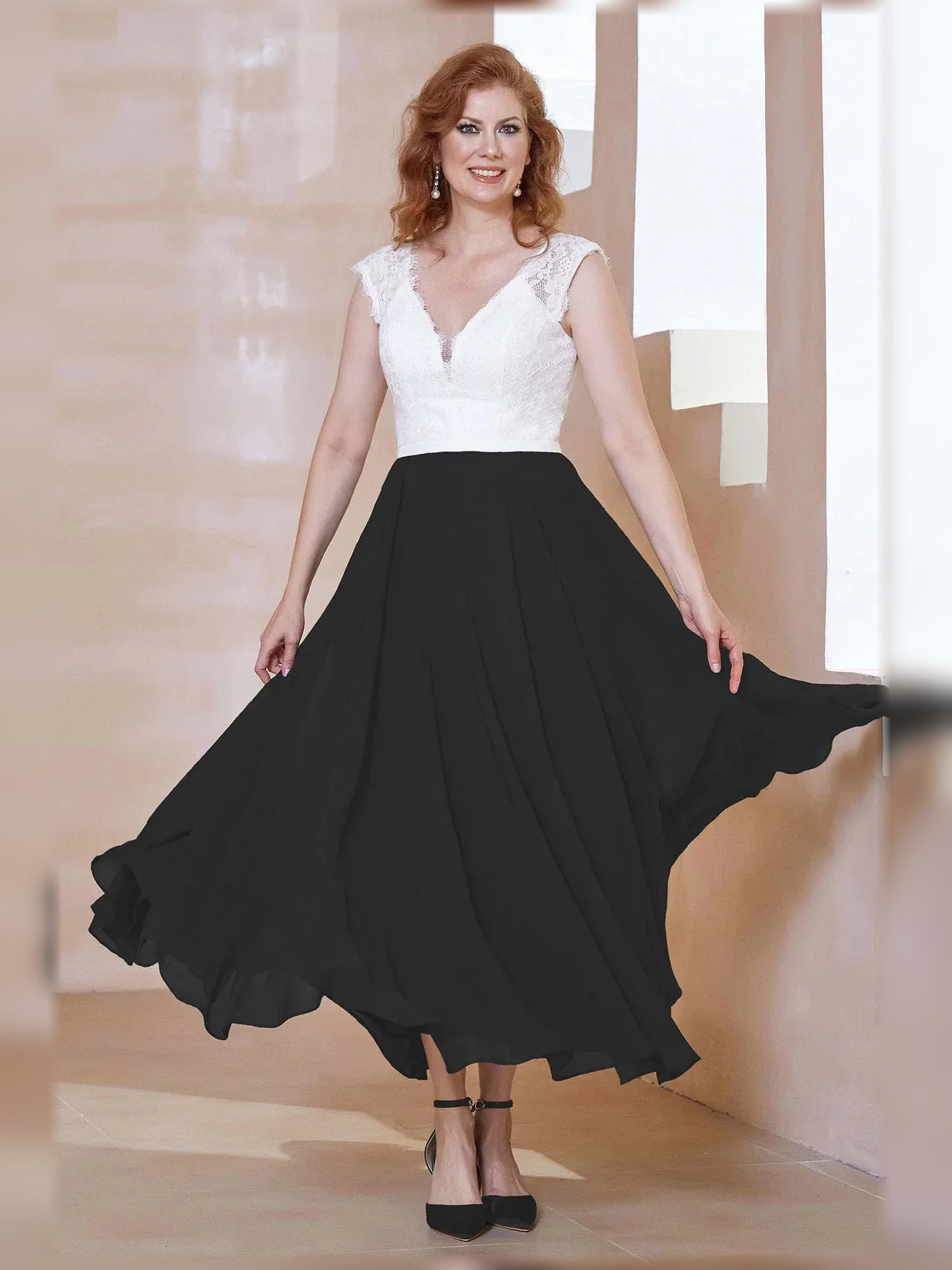 V Neck A-Line Midi Chiffon Mother of the Bride Dress for Ceremony Dinner