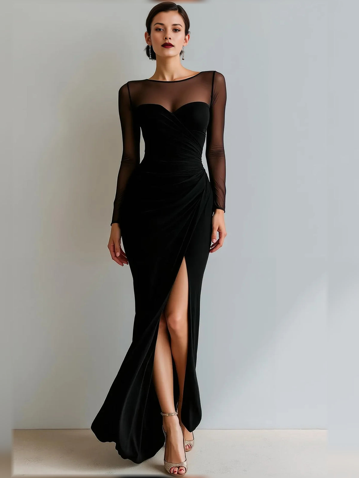 Sweetheart Long Sleeves Ruching Floor-Length Formal Dress