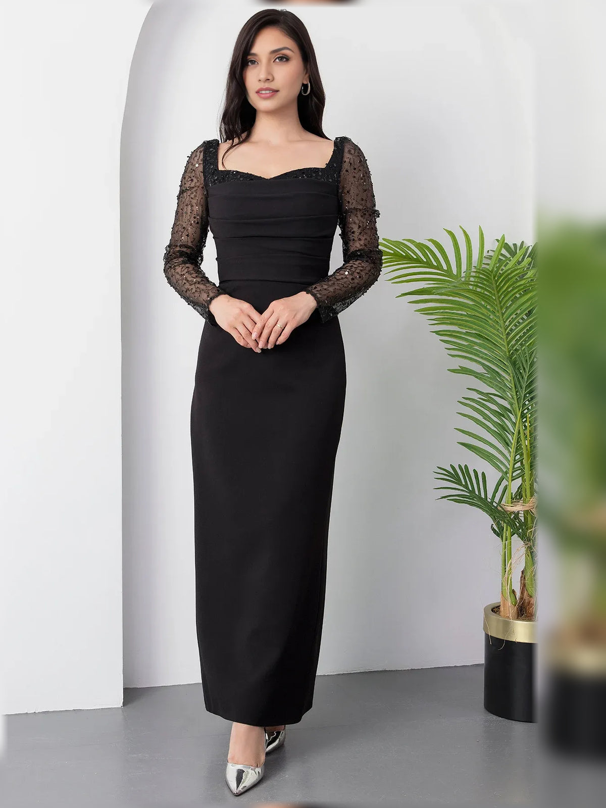 Square Neck Long Sleeves Ruching Floor-Length Formal Dress