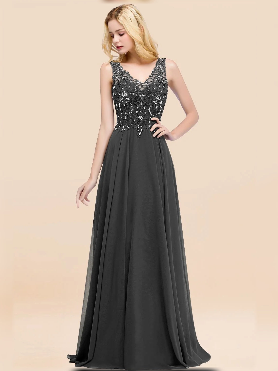 V Neck A-Line Floor-Length Chiffon Bridesmaid Dress for Formal Wedding
