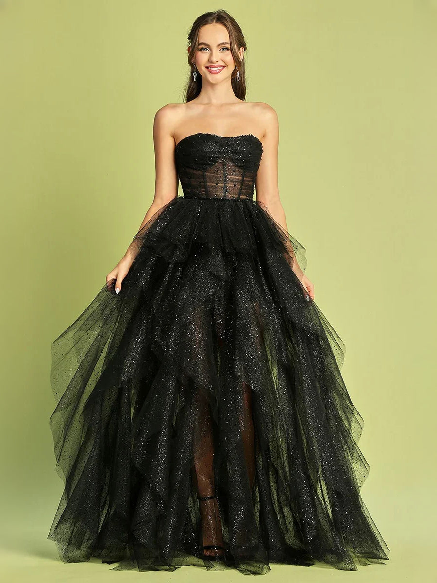 Ruched Corset Strapless A-Line Floor-Length Tulle Prom Dress for Gala