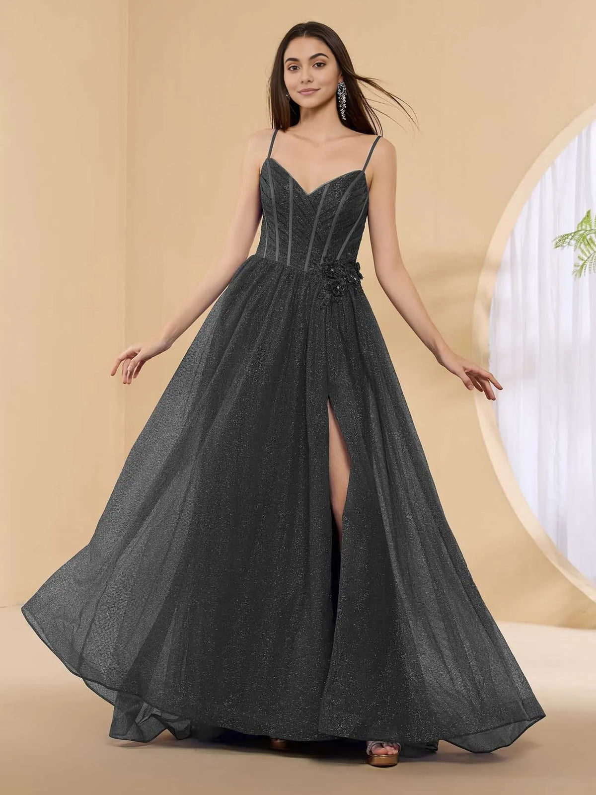 Corset Flower-Applique Floral Slit V Neck A-Line Floor-Length Tulle Prom Dress for Winter Formal