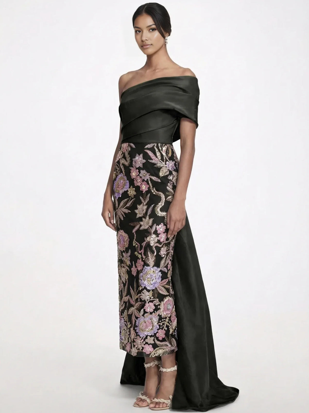 Floral Print One-Shoulder Sequin Floor-Length Formal Dress