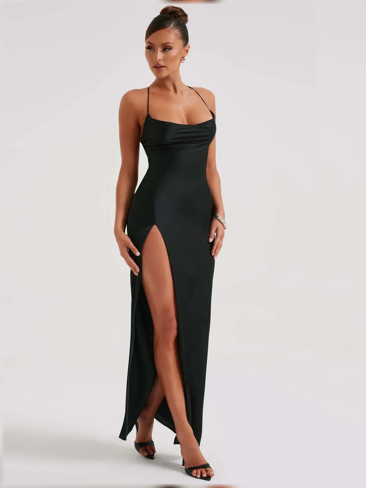 Square Neck Slit Open Back Floor-Length Sleek Formal Dress