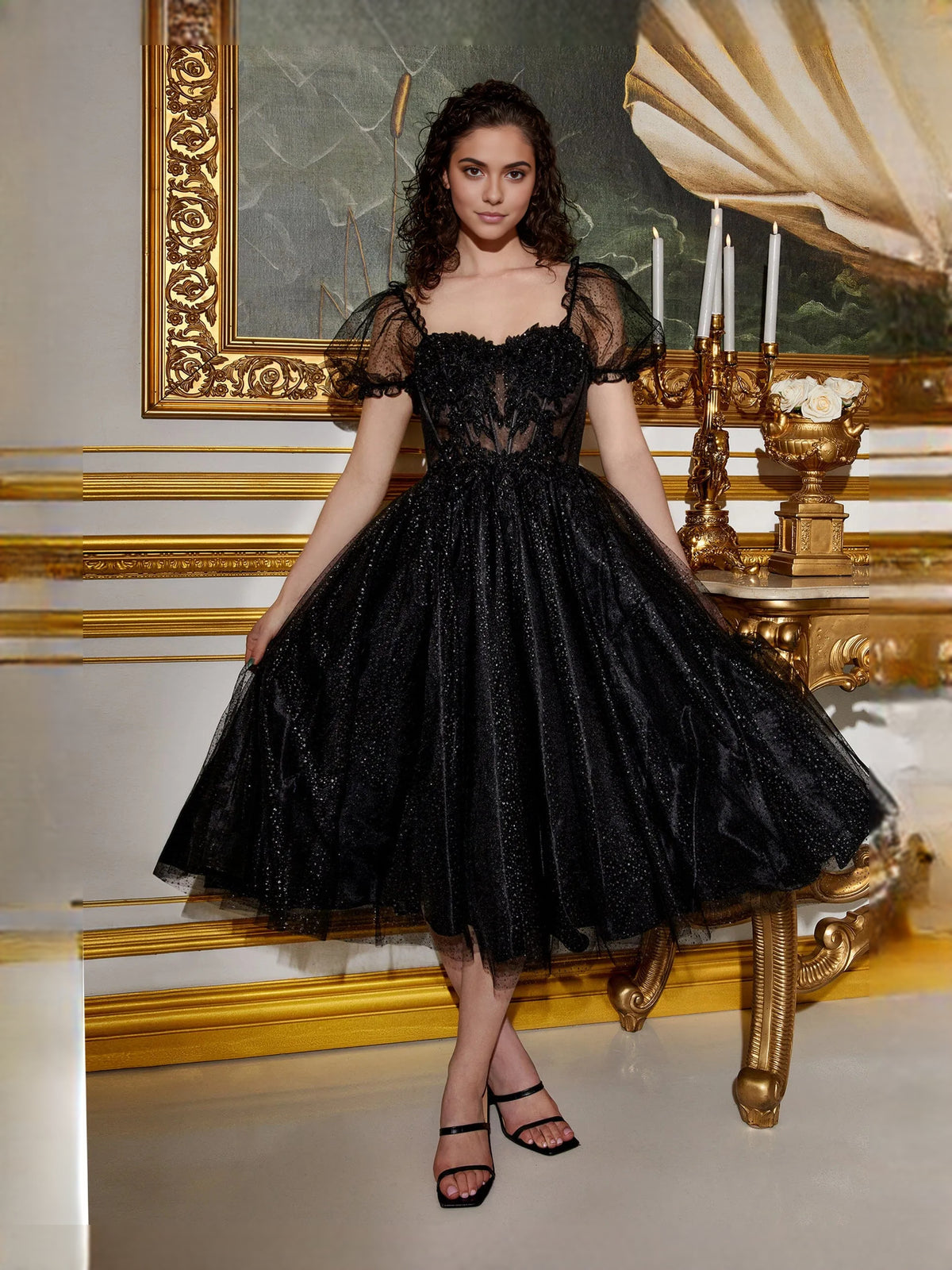 Corset Layered Square Neck A-Line Tea-Length Tulle Prom Dress for Ballroom Event