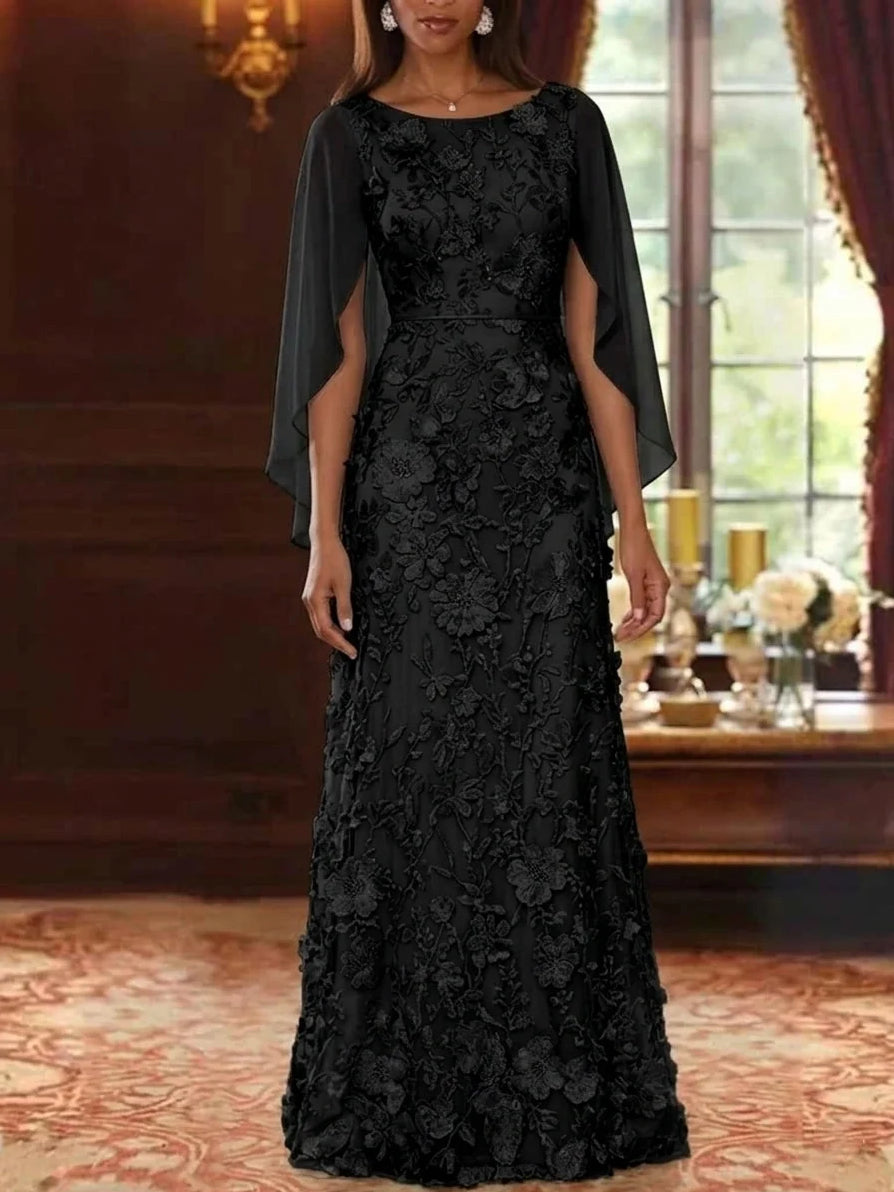 Draped Beaded Floral Round Neck A-Line Maxi Chiffon Mother of the Bride Dress for Wedding Banquet