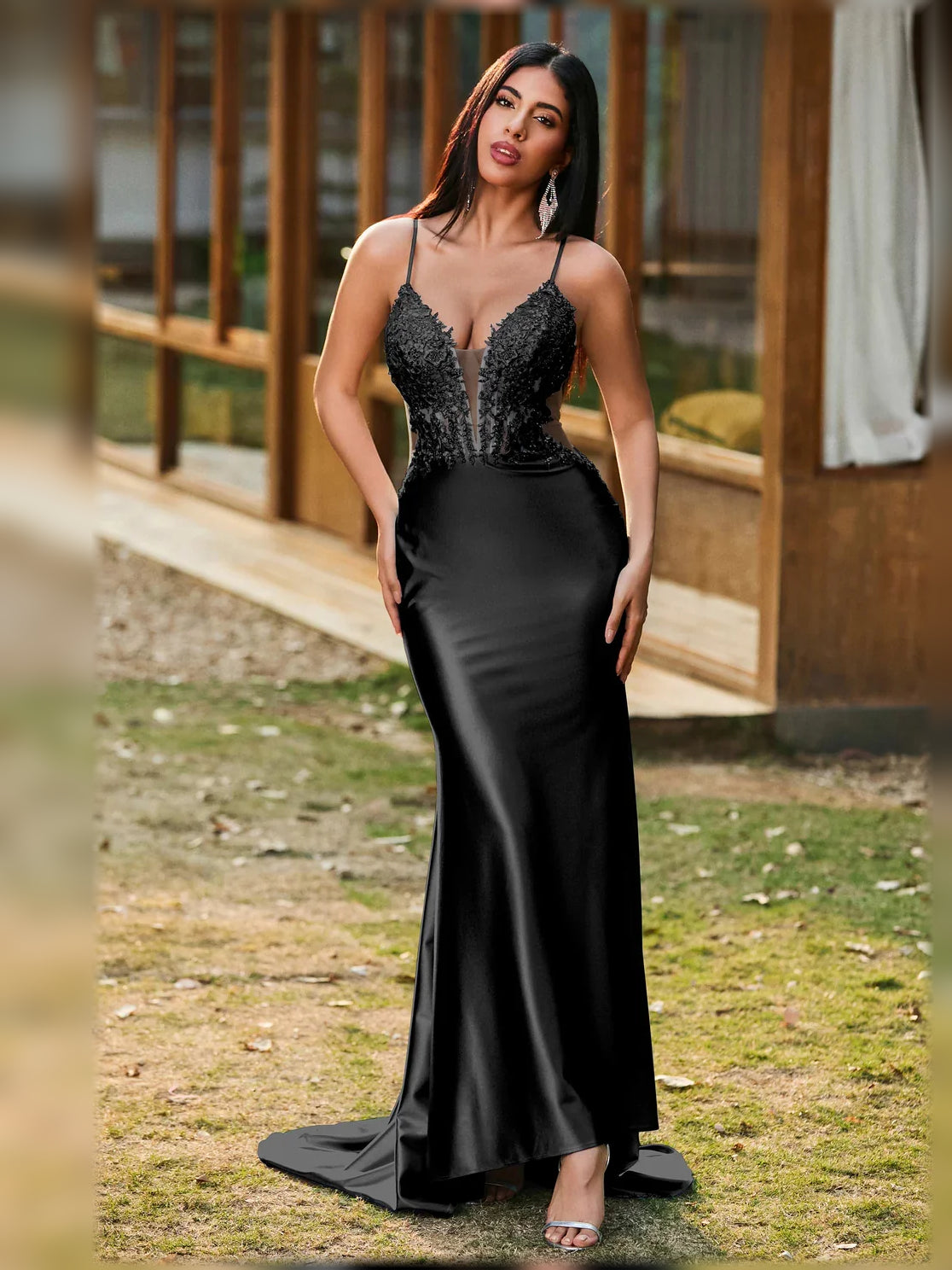 V Neck Corset Lace-Up Back Floor-Length Formal Dress