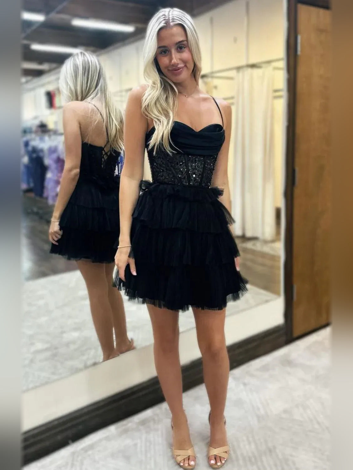 Ruched Corset Ruffled Sweetheart A-Line Mini Tulle Homecoming Dress for Banquet